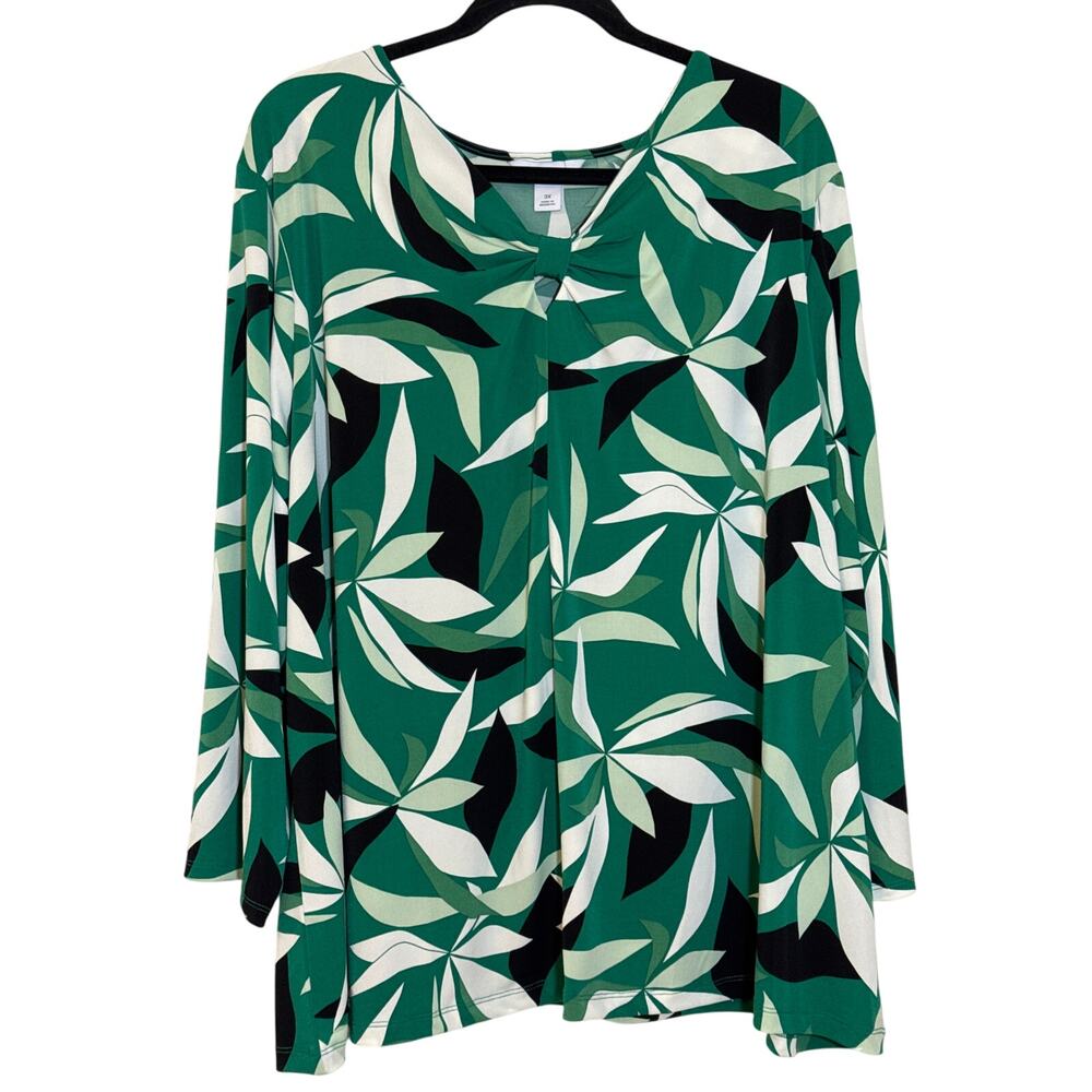 Liz Claiborne 3X Green Floral Winter Weekend Knotted Bow Neck Long Sleeve Blouse